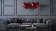© The Little Hut - Interior of festive living room with grey sofa heartshaped balloons and glasses of wine on coffee table Valentines Day celebration : Generative AI