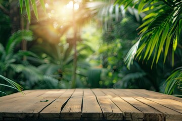 Wall Mural - Wood tabletop podium floor in outdoors tropical garden forest blurred green leaf plant nature background.Natural product placement pedestal stand display,jungle paradise concept - generative ai