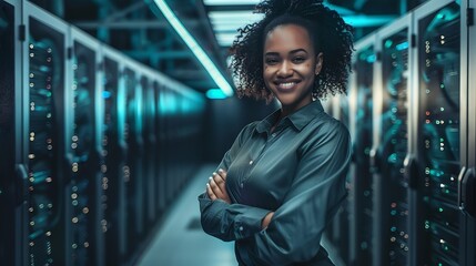 Server room portrait or happy woman technician for online cybersecurity update or machine system IT support data center smile or proud engineer fixing network for information technolog : Generative AI