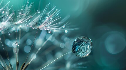 Wall Mural - Beautiful shiny dew water drop on dandelion seed in nature macro Soft selective focus sparkling bokeh Dark blue green background : Generative AI
