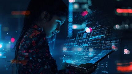 Fototapete - Thinking code hologram and woman with tablet data analysis digital technology and software overlay at night Programmer or Indian person with 3d screen programming stats and cybersecuri : Generative AI