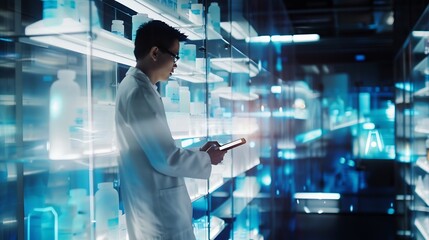 Aufkleber - Tablet planning and scientist with digital innovation data and reading in laboratory Asian man doctor and information technology for futuristic medical research with pharma healthcare  : Generative AI