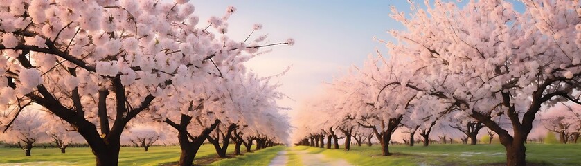 Wall Mural - blossoming orchard with pink and white trees under a blue sky