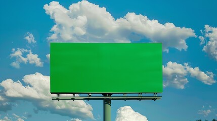 Poster - Empty billboard with chroma key green screen on blue sky with clouds advertisement concept screen green background panoramic view : Generative AI