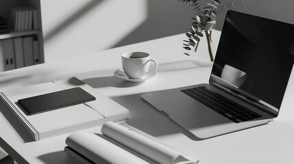 Poster - Minimalist office desk setup featuring a sleek laptop a cup of coffee and neatly arranged work documents in a bright space : Generative AI