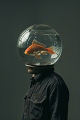 Wall Mural - A man with a fish in a fishbowl on his head