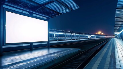 Poster - Billboard on the passenger platform of a railway station at nightMockup : Generative AI