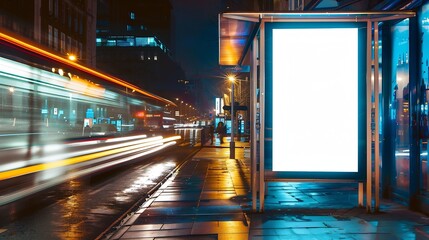 Poster - Concept of digital marketing in the city Advertising billboard with white empty canvas on bus shelters with protective glass Citylight on public transport stop : Generative AI