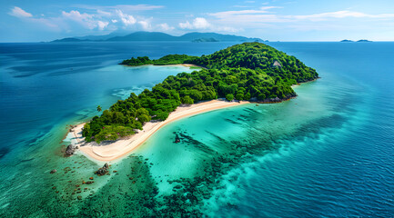 aerial view of island, aerial view of the pristine beaches and turquoise waters on an island