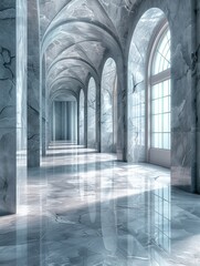 Wall Mural - A long, narrow hallway with marble pillars and a large window