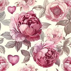 Wall Mural - peonies and hearts shabby style pattern