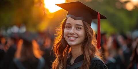 A young woman in a cap and gown smiles at the camera during an outdoor graduation ceremony. The setting sun casts a warm glow on the scene
