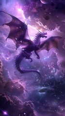 Poster - A purple dragon is flying through the sky above a purple and blue background