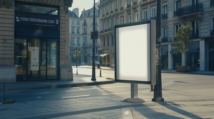 Poster - blank white poster and advertiser ad space digital outdoor display lightbox and billboard street corner mockup base empty display panel glass design soft streetscape shopping street ba : Generative AI