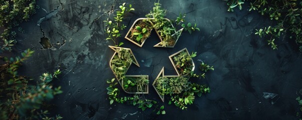 Wall Mural - Recycling symbol with plants on dark background, eco-friendly concept