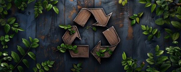 Wall Mural - Wooden recycling symbol with green leaves, eco-friendly concept