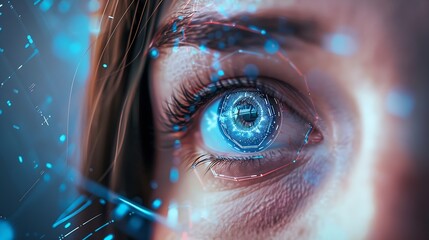 Leinwandbilder - Facial and iris recognition technology Woman with digital biometric scan on eye closeup : Generative AI