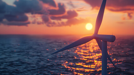 Wall Mural - closeup of a wind turbine spinning on a sunset over the ocean