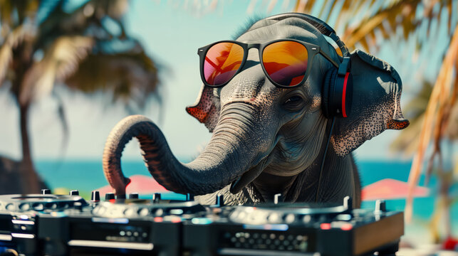 Elephant Wearing Sunglasses, Headphones, Operating DJ Console, Tropical Beach Background