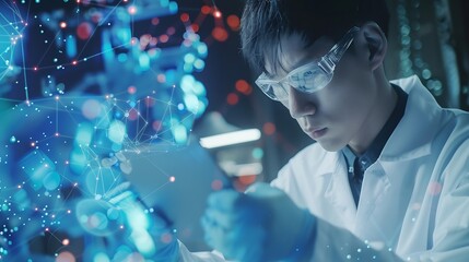 Aufkleber - Tablet planning and scientist with digital innovation data and reading in laboratory Asian man doctor and information technology for futuristic medical research with pharma healthcare  : Generative AI