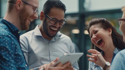 Fototapete - Business people men and women laughing with tablet in office graphic joke or comic online Tech connection or collaboration of employees for funny game meme or creativity for company br : Generative AI