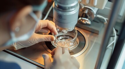 Fototapete - Real process of female embryologist assisted reproductive technologies fertilization vet examining sample artificial insemination infertility treatment in embryology laboratory : Generative AI