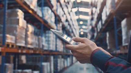 Leinwandbilder - Business Logistics technology conceptMan hands using tablet on blurred warehouse as background : Generative AI