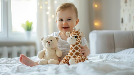 cute little baby girl playing with a stuffed giraffe toy sitting on a bed with a bright room after sleeping and smiling : Generative AI