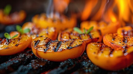 Wall Mural - Close-up of grilled persimmons with char marks and garnished with herbs, featuring the vibrant texture of caramelized fruit.