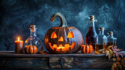 Wall Mural - Glowing jack-o'-lantern surrounded by candles and potion bottles, creating a spooky Halloween atmosphere on a dark background.