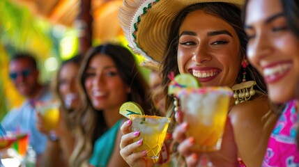 Group of friends gathered together smiling and enjoying refreshing margarita cocktails at a vibrant colorful Mexican themed party or Festive atmosphere with sombrero hats laughter