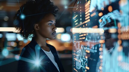 Leinwandbilder - Black woman working in office and communication network concept ICT Information Communication Technology Cloud computing System engineering : Generative AI