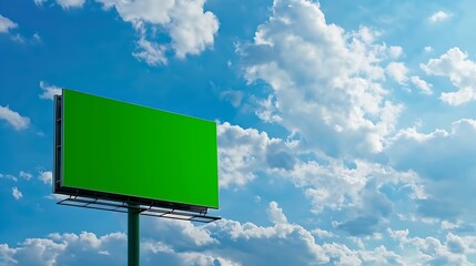 Poster - Empty billboard with chroma key green screen on blue sky with clouds advertisement concept screen green background panoramic view : Generative AI