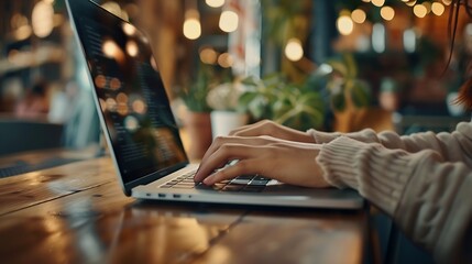 Poster - business womans hands typing the labtop  young business woman work on labtop in coffee shops : Generative AI