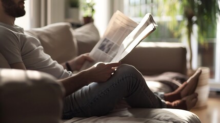 Wall Mural - Man newspaper and reading on sofa with relax for story article or information with smile in living room Person news and morning routine on couch with print media or knowledge for break : Generative AI