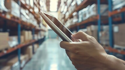 Leinwandbilder - Business Logistics technology conceptMan hands using tablet on blurred warehouse as background : Generative AI