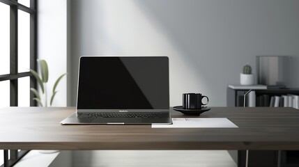 Poster - Minimalist office desk setup featuring a sleek laptop a cup of coffee and neatly arranged work documents in a bright space : Generative AI