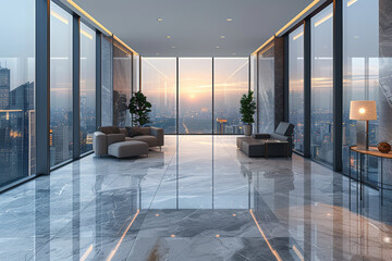 Wall Mural - A modern office with sleek furniture and large windows overlooking the city. Concept of professionalism and business. Generative Ai.