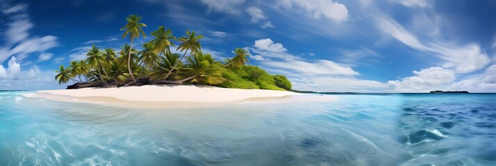 Wall Mural - island paradise with lush green trees, crystal blue waters, and fluffy white clouds under a clear blue sky