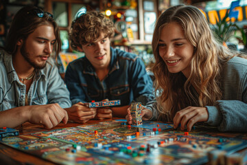 Sticker - Friends gathered around a table playing board games, enjoying each other’s company. Concept of leisure and social interaction. Generative Ai.