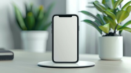 Wall Mural - A white Phone is sitting on a table next to a potted plant, mockup