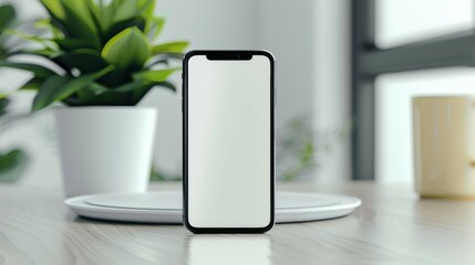 Canvas Print - A white Phone is sitting on a table next to a potted plant, mockup