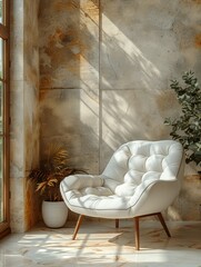 Wall Mural - white concrete room, a comfortable white chair and sofa invite relaxation, with ample copy space and window light casting subtle shadows, embodying the concept of minimalism.