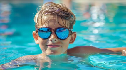 Sticker - A young boy is in a pool wearing sunglasses and smiling, aquapark or water park