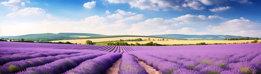 lavender fields in bloom under a blue sky with white clouds, framed by a green tree