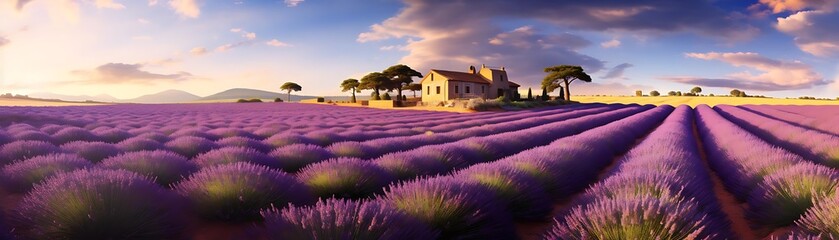 Wall Mural - lavender fields under a blue sky with tall green trees and a yellow and white house in the distance