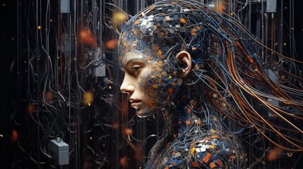 Wall Mural - Futuristic Cybernetic Woman Connected Through Complex Neural Network.