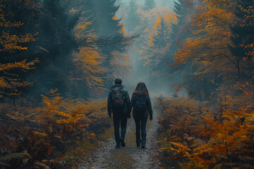 Wall Mural - A couple walking hand in hand through a peaceful forest trail. Concept of simplicity and connection. Generative Ai.