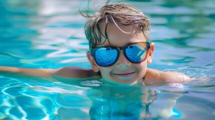 Wall Mural - A young boy is smiling and wearing sunglasses while swimming in a pool, aquapark or water park