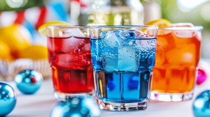 Canvas Print - A table with four glasses of different colored drinks, including blue, red. Tropical summer concept